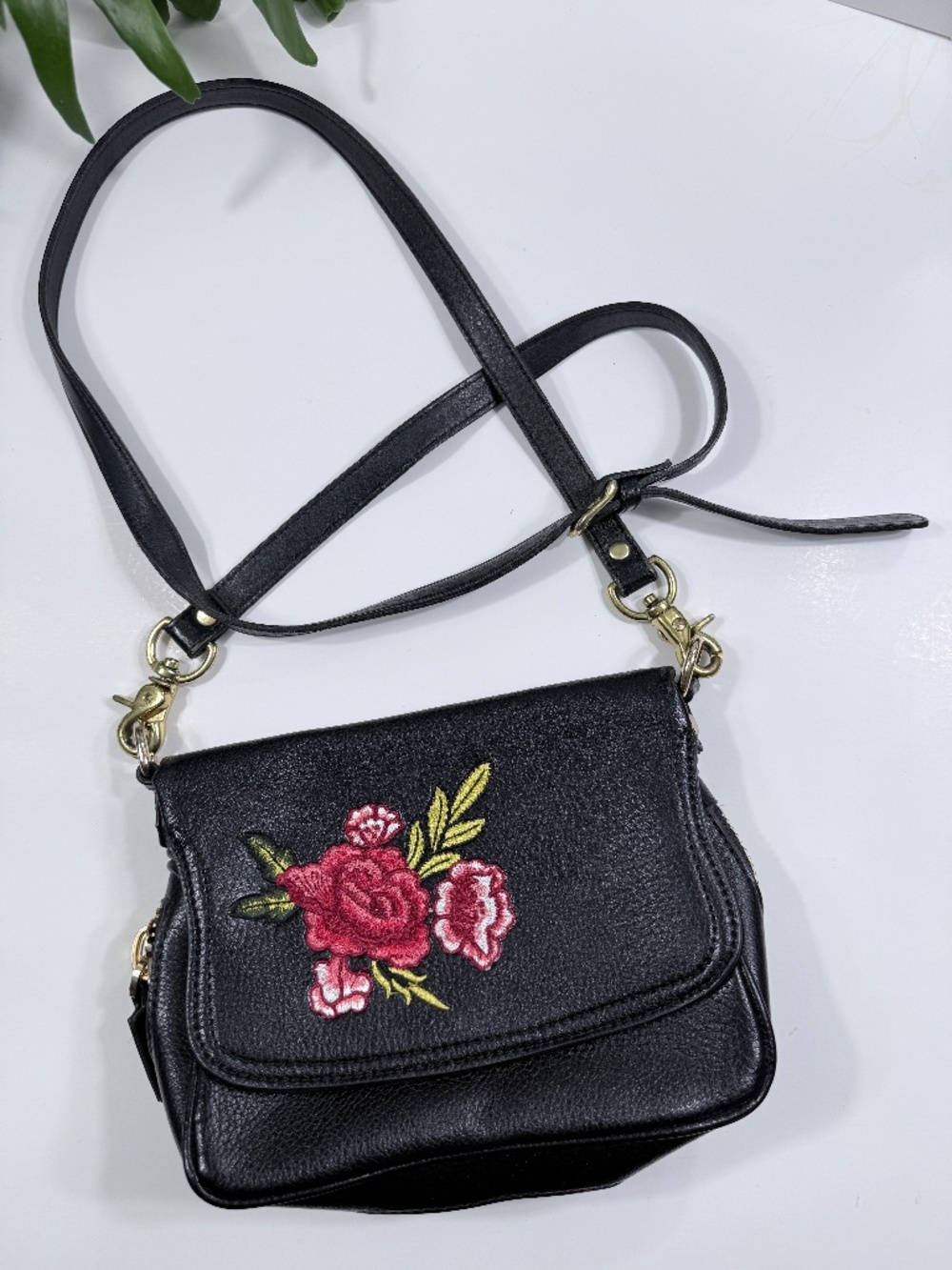 Rose Embroidered Leather Crossbody Purse